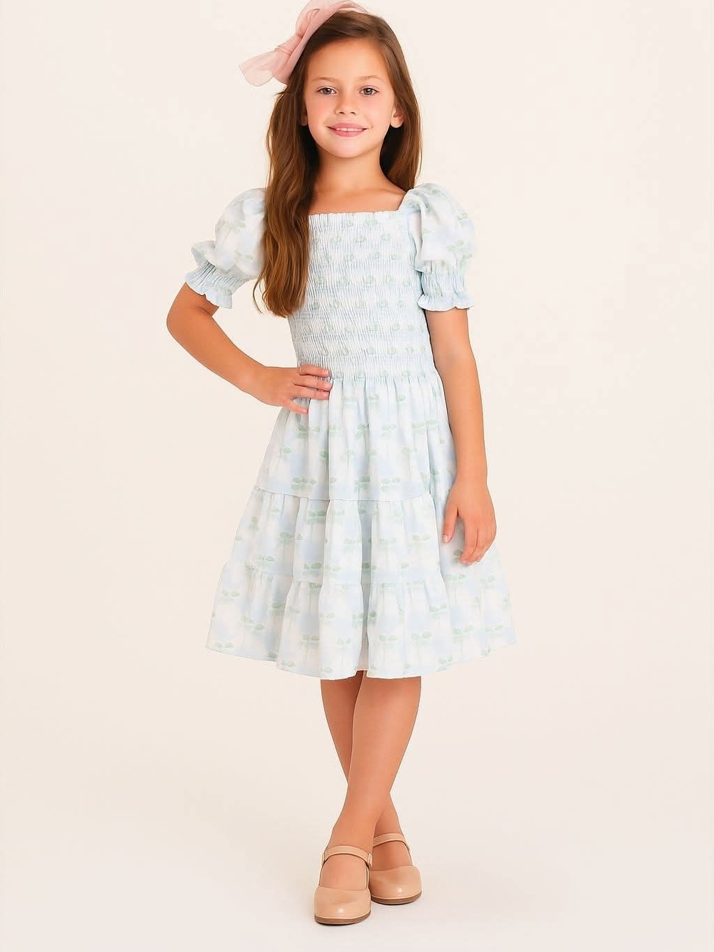 Smocked Puff Sleeve Tiered Dress - Light Blue Floral